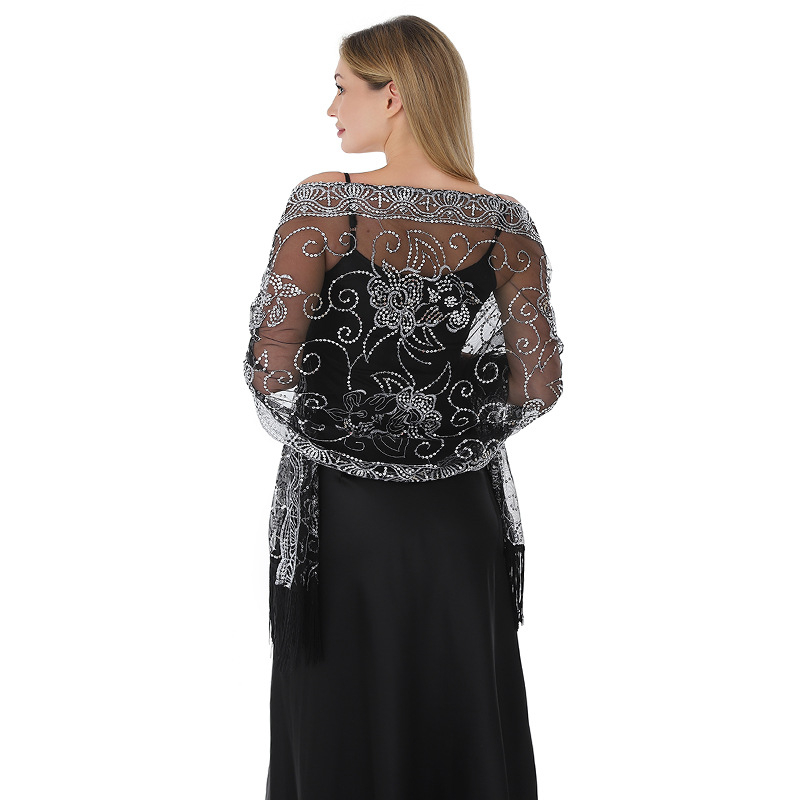 Ženski šal s cvjetnim uzorkom, šljokicama i resicama, vez, poliester, warp-knit tkanina