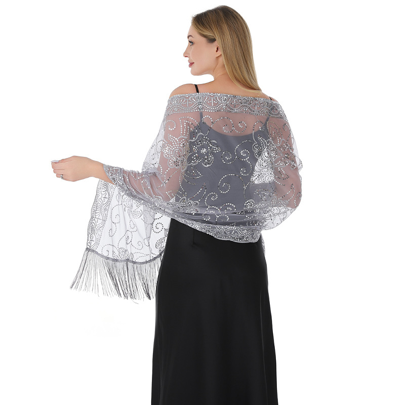 Ženski šal s cvjetnim uzorkom, šljokicama i resicama, vez, poliester, warp-knit tkanina