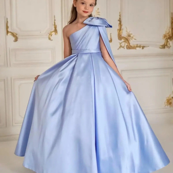 Μονόωμο σατέν φόρεμα κοριτσιού με φιόγκο, πριγκιπικό Στυλ, μακρύ φόρεμα για παιδιά 3–8 ετών (σατέν 90% ινών αιθυλενίου· επένδυση: πολυεστέρας)