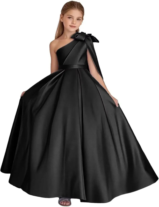 Μονόωμο σατέν φόρεμα κοριτσιού με φιόγκο, πριγκιπικό Στυλ, μακρύ φόρεμα για παιδιά 3–8 ετών (σατέν 90% ινών αιθυλενίου· επένδυση: πολυεστέρας)