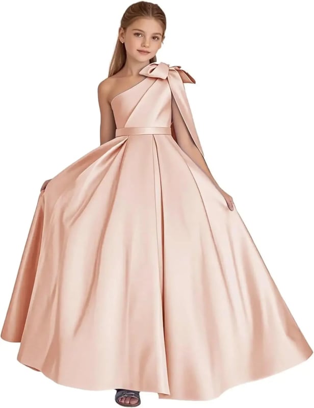 Μονόωμο σατέν φόρεμα κοριτσιού με φιόγκο, πριγκιπικό Στυλ, μακρύ φόρεμα για παιδιά 3–8 ετών (σατέν 90% ινών αιθυλενίου· επένδυση: πολυεστέρας)