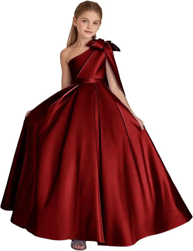 Μονόωμο σατέν φόρεμα κοριτσιού με φιόγκο, πριγκιπικό Στυλ, μακρύ φόρεμα για παιδιά 3–8 ετών (σατέν 90% ινών αιθυλενίου· επένδυση: πολυεστέρας)