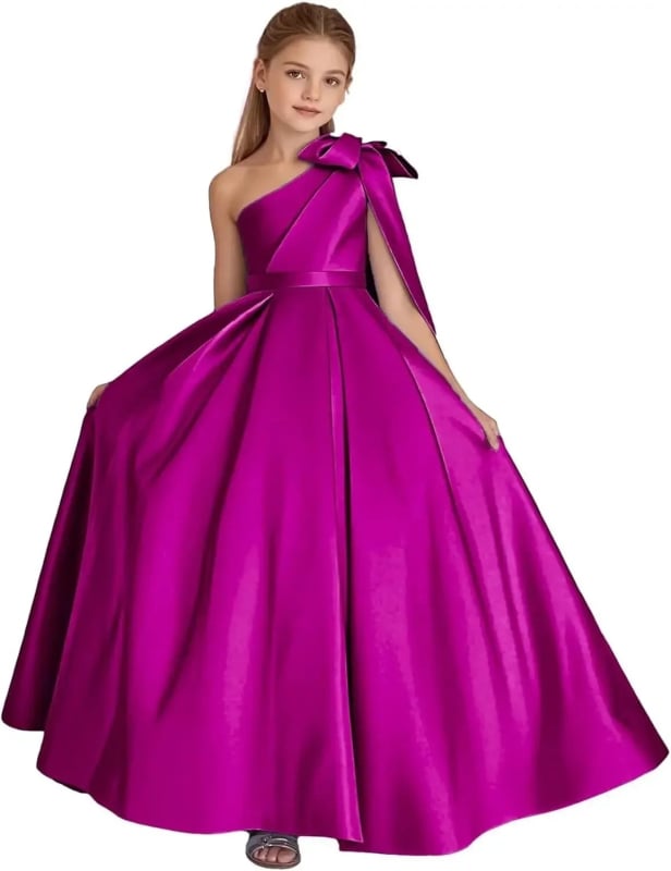 Μονόωμο σατέν φόρεμα κοριτσιού με φιόγκο, πριγκιπικό Στυλ, μακρύ φόρεμα για παιδιά 3–8 ετών (σατέν 90% ινών αιθυλενίου· επένδυση: πολυεστέρας)