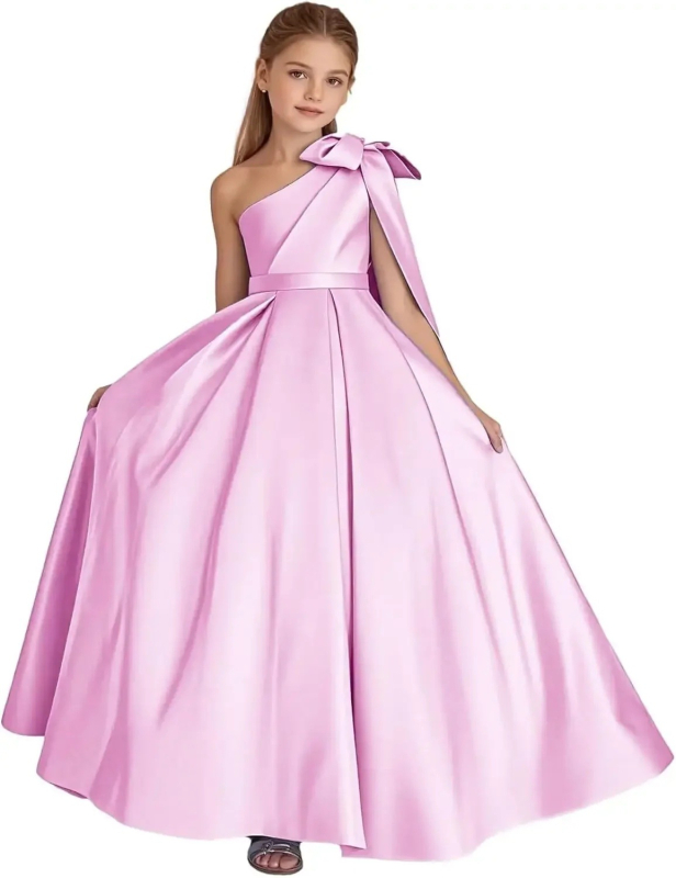 Μονόωμο σατέν φόρεμα κοριτσιού με φιόγκο, πριγκιπικό Στυλ, μακρύ φόρεμα για παιδιά 3–8 ετών (σατέν 90% ινών αιθυλενίου· επένδυση: πολυεστέρας)