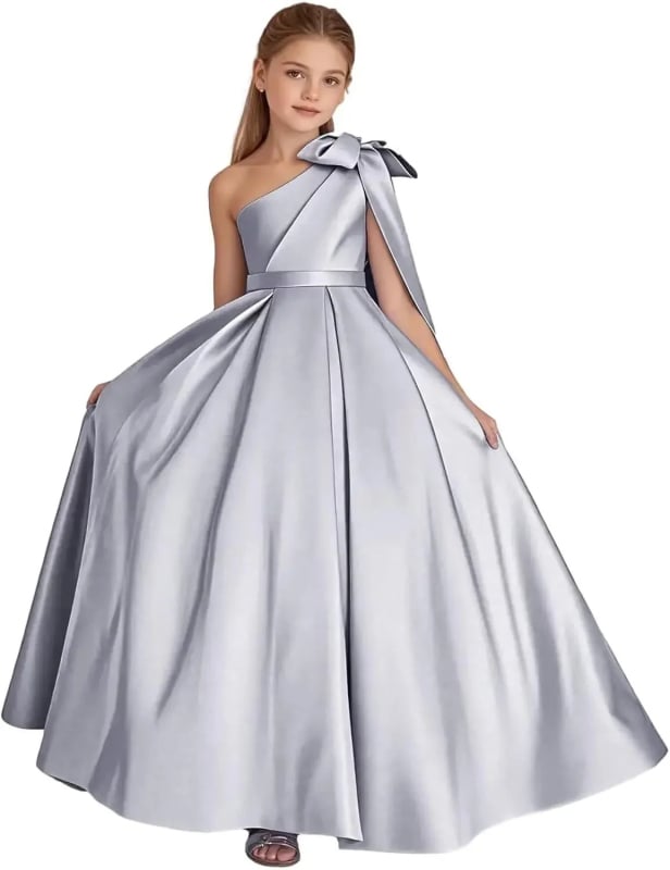 Μονόωμο σατέν φόρεμα κοριτσιού με φιόγκο, πριγκιπικό Στυλ, μακρύ φόρεμα για παιδιά 3–8 ετών (σατέν 90% ινών αιθυλενίου· επένδυση: πολυεστέρας)