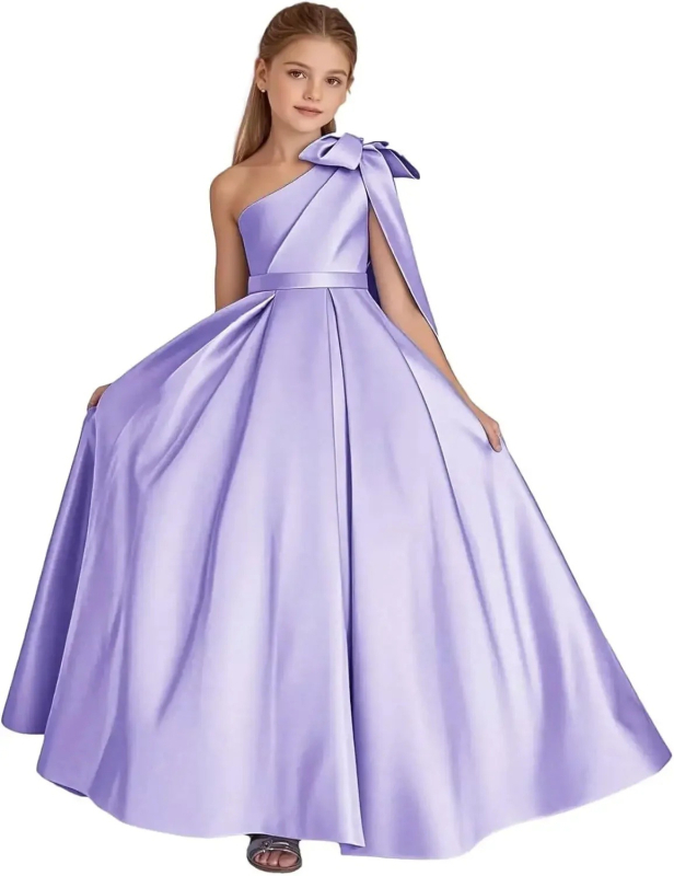 Μονόωμο σατέν φόρεμα κοριτσιού με φιόγκο, πριγκιπικό Στυλ, μακρύ φόρεμα για παιδιά 3–8 ετών (σατέν 90% ινών αιθυλενίου· επένδυση: πολυεστέρας)