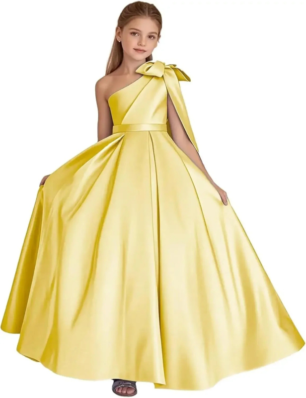Μονόωμο σατέν φόρεμα κοριτσιού με φιόγκο, πριγκιπικό Στυλ, μακρύ φόρεμα για παιδιά 3–8 ετών (σατέν 90% ινών αιθυλενίου· επένδυση: πολυεστέρας)