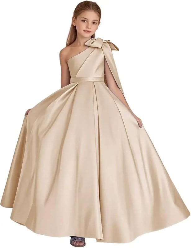 Μονόωμο σατέν φόρεμα κοριτσιού με φιόγκο, πριγκιπικό Στυλ, μακρύ φόρεμα για παιδιά 3–8 ετών (σατέν 90% ινών αιθυλενίου· επένδυση: πολυεστέρας)