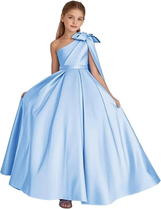Μονόωμο σατέν φόρεμα κοριτσιού με φιόγκο, πριγκιπικό Στυλ, μακρύ φόρεμα για παιδιά 3–8 ετών (σατέν 90% ινών αιθυλενίου· επένδυση: πολυεστέρας)