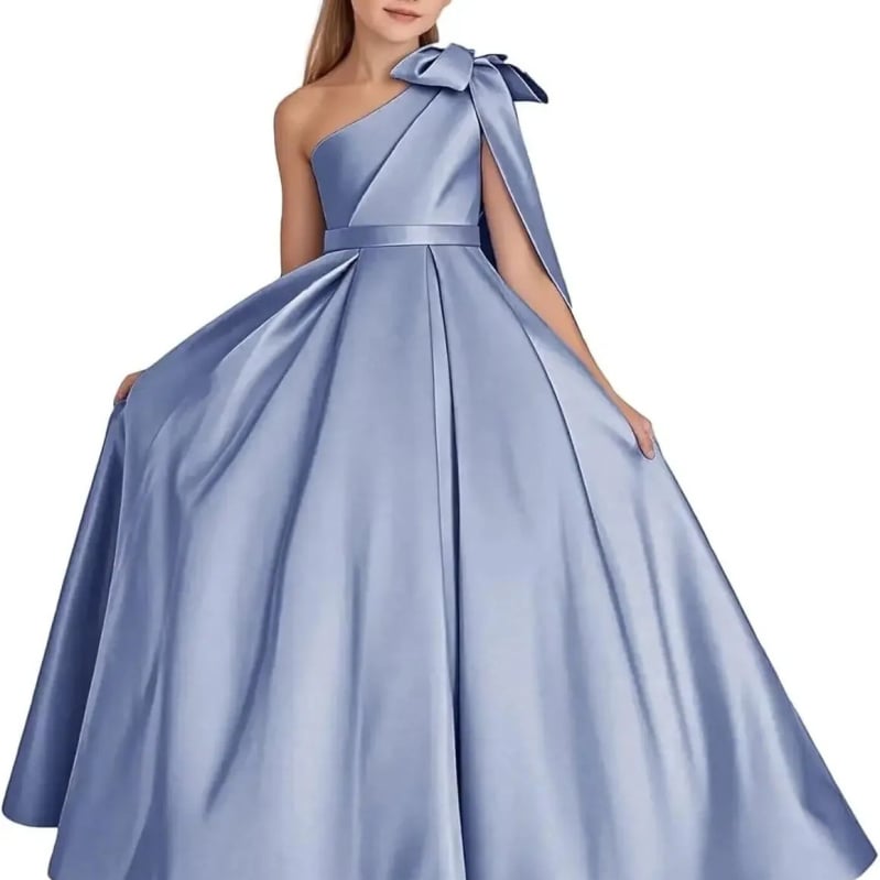 Μονόωμο σατέν φόρεμα κοριτσιού με φιόγκο, πριγκιπικό Στυλ, μακρύ φόρεμα για παιδιά 3–8 ετών (σατέν 90% ινών αιθυλενίου· επένδυση: πολυεστέρας)