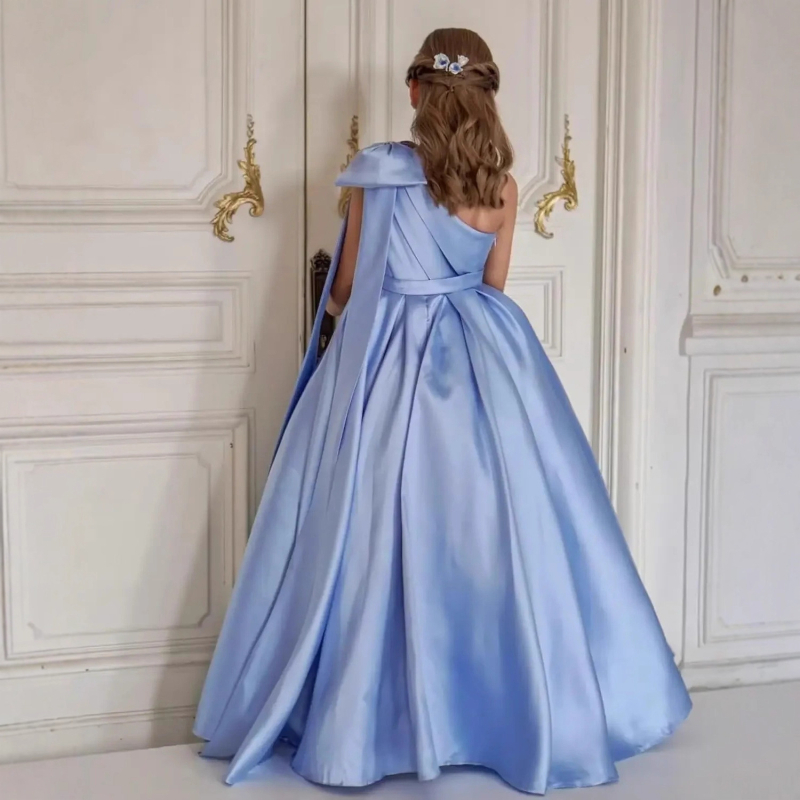 Μονόωμο σατέν φόρεμα κοριτσιού με φιόγκο, πριγκιπικό Στυλ, μακρύ φόρεμα για παιδιά 3–8 ετών (σατέν 90% ινών αιθυλενίου· επένδυση: πολυεστέρας)