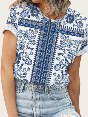 Sieviešu īsrokas T-krekls ar apaļu kaklu, ziedu raksts, poliesters ar elastānu, vidēja garuma