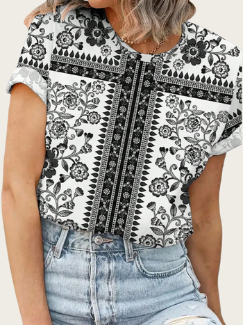 Sieviešu īsrokas T-krekls ar apaļu kaklu, ziedu raksts, poliesters ar elastānu, vidēja garuma