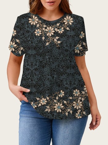 Sieviešu īsrokas T-krekls ar apaļu kaklu, ziedu raksts, poliesters ar elastānu, vidēja garuma