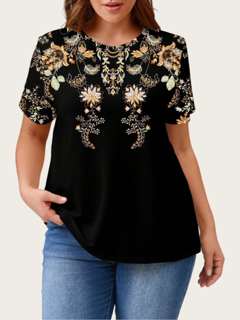 Sieviešu īsrokas T-krekls ar apaļu kaklu, ziedu raksts, poliesters ar elastānu, vidēja garuma