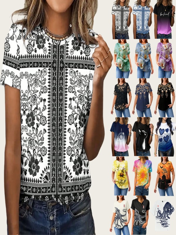 Sieviešu īsrokas T-krekls ar apaļu kaklu, ziedu raksts, poliesters ar elastānu, vidēja garuma