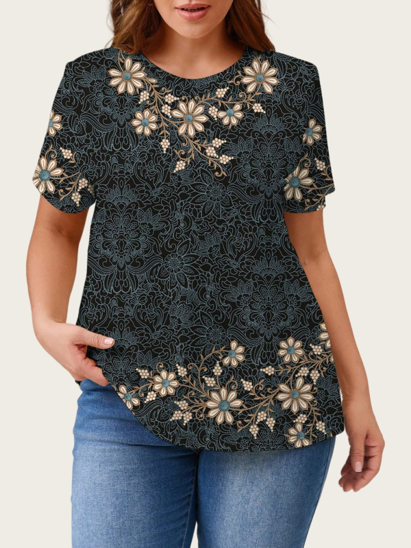 Sieviešu īsrokas T-krekls ar apaļu kaklu, ziedu raksts, poliesters ar elastānu, vidēja garuma