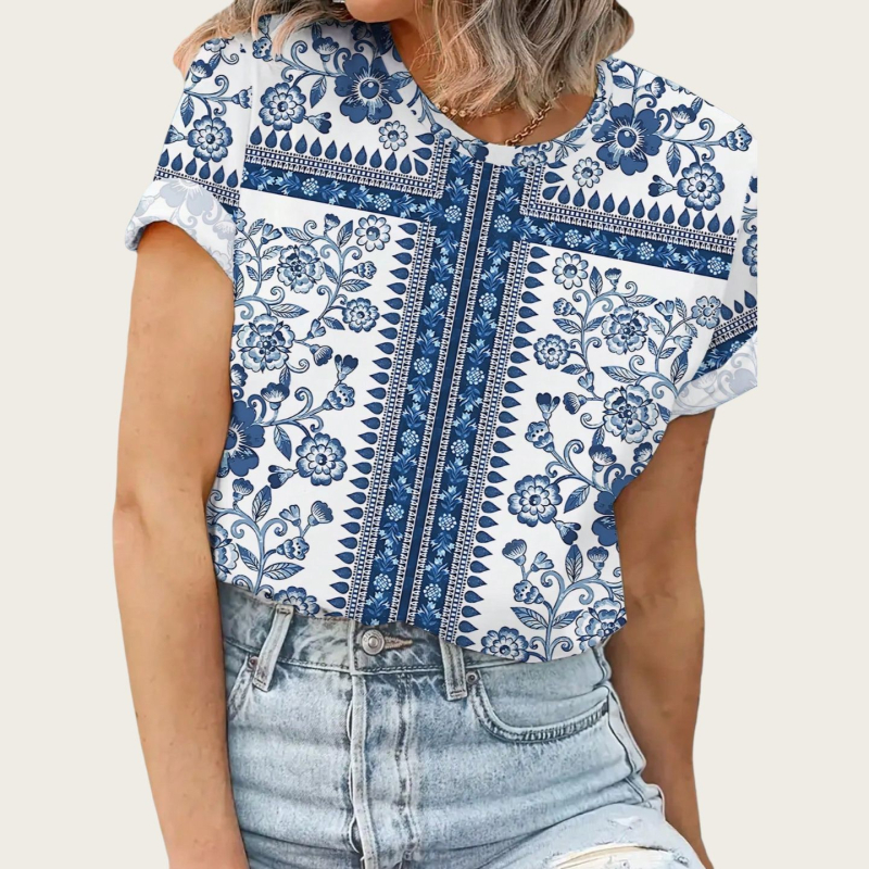 Sieviešu īsrokas T-krekls ar apaļu kaklu, ziedu raksts, poliesters ar elastānu, vidēja garuma