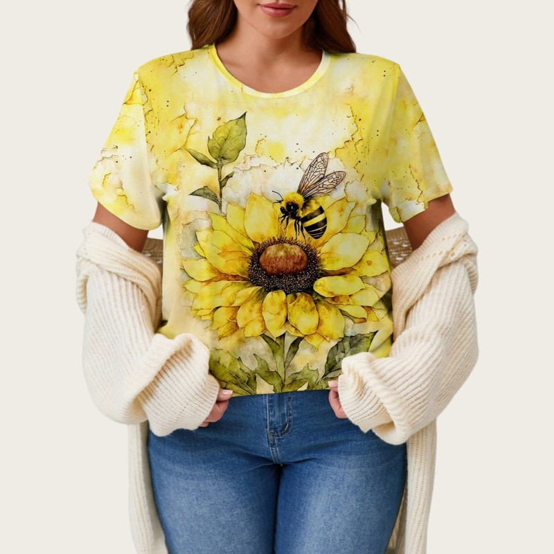 Sieviešu īsrokas T-krekls ar apaļu kaklu, ziedu raksts, poliesters ar elastānu, vidēja garuma