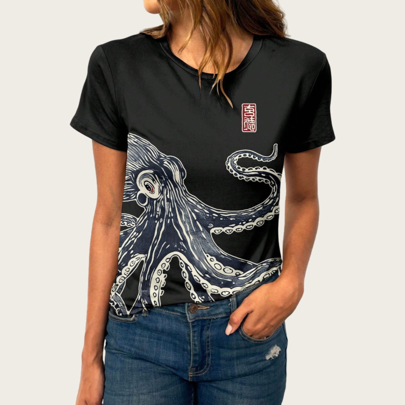 Sieviešu īsrokas T-krekls ar apaļu kaklu, ziedu raksts, poliesters ar elastānu, vidēja garuma