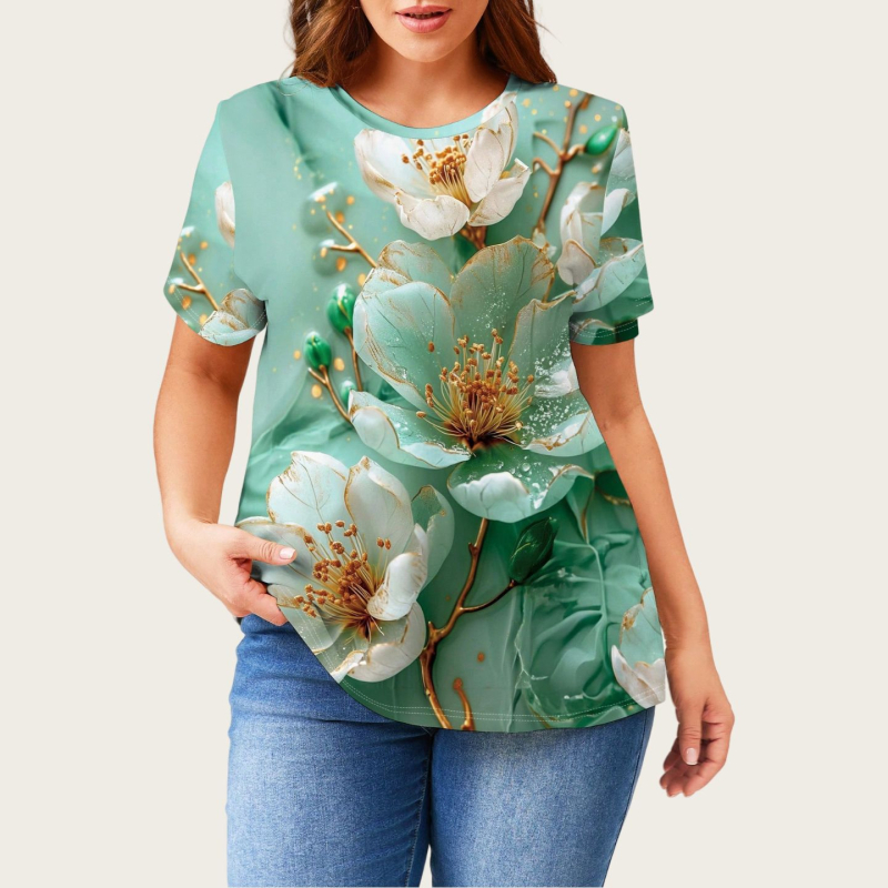 Sieviešu īsrokas T-krekls ar apaļu kaklu, ziedu raksts, poliesters ar elastānu, vidēja garuma