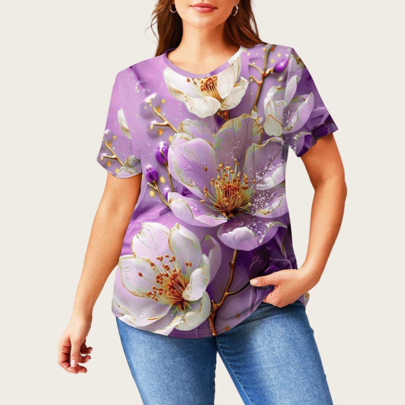 Sieviešu īsrokas T-krekls ar apaļu kaklu, ziedu raksts, poliesters ar elastānu, vidēja garuma