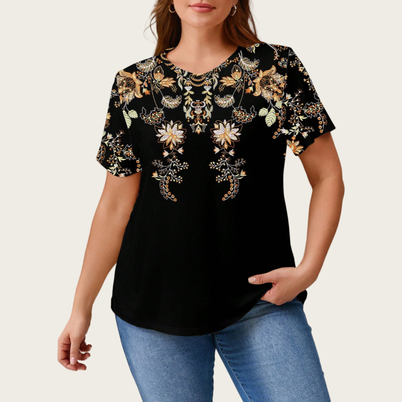 Sieviešu īsrokas T-krekls ar apaļu kaklu, ziedu raksts, poliesters ar elastānu, vidēja garuma