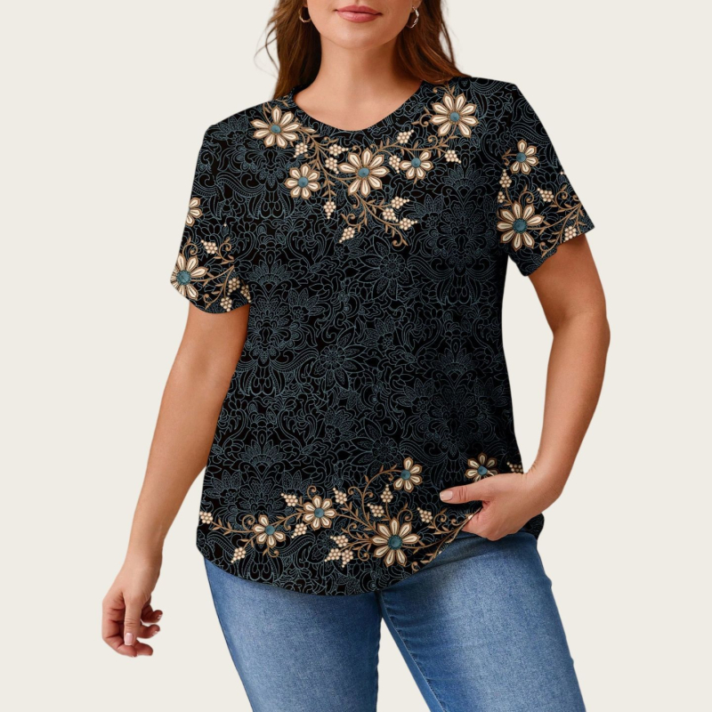 Sieviešu īsrokas T-krekls ar apaļu kaklu, ziedu raksts, poliesters ar elastānu, vidēja garuma