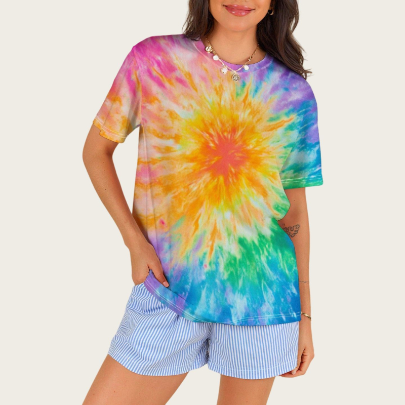 Sieviešu īsrokas T-krekls ar apaļu kaklu, ziedu raksts, poliesters ar elastānu, vidēja garuma