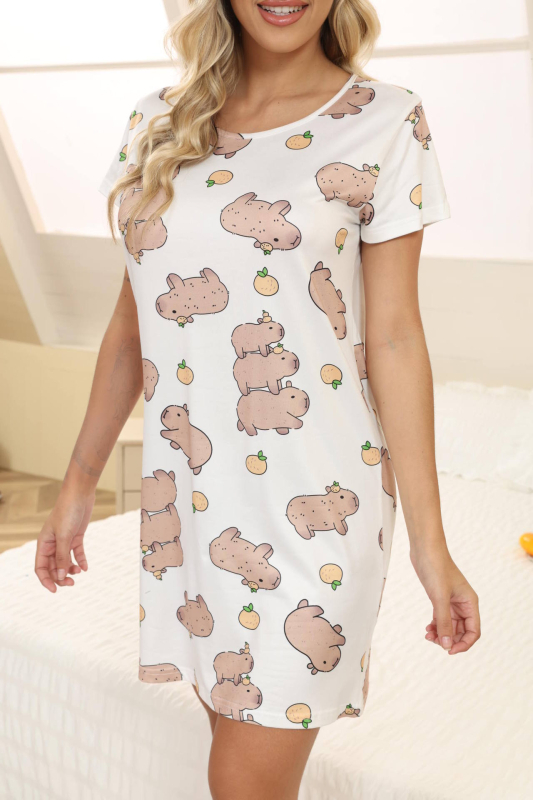 Ženska pidžama noćna haljina s tiskom srca i valovitog uzorka, poliester, tiskani stil, okrugli izrez, 3/4 rukavi, srednje duljine suknja, udobna kućna odjeća