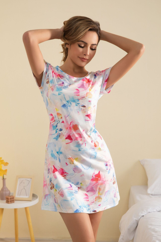 Ženska pidžama noćna haljina s tiskom srca i valovitog uzorka, poliester, tiskani stil, okrugli izrez, 3/4 rukavi, srednje duljine suknja, udobna kućna odjeća