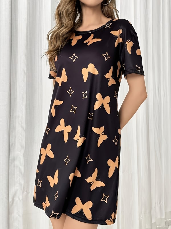 Ženska pidžama noćna haljina s tiskom srca i valovitog uzorka, poliester, tiskani stil, okrugli izrez, 3/4 rukavi, srednje duljine suknja, udobna kućna odjeća