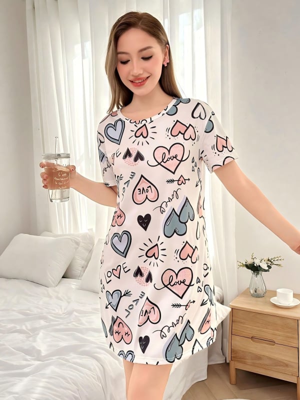 Ženska pidžama noćna haljina s tiskom srca i valovitog uzorka, poliester, tiskani stil, okrugli izrez, 3/4 rukavi, srednje duljine suknja, udobna kućna odjeća