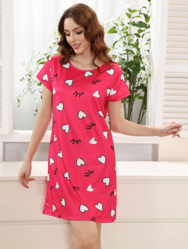 Ženska pidžama noćna haljina s tiskom srca i valovitog uzorka, poliester, tiskani stil, okrugli izrez, 3/4 rukavi, srednje duljine suknja, udobna kućna odjeća