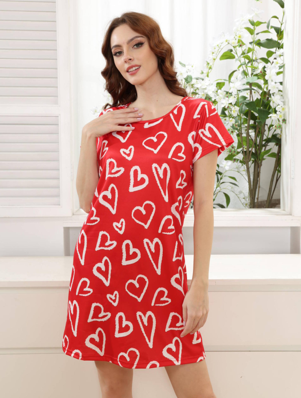 Ženska pidžama noćna haljina s tiskom srca i valovitog uzorka, poliester, tiskani stil, okrugli izrez, 3/4 rukavi, srednje duljine suknja, udobna kućna odjeća
