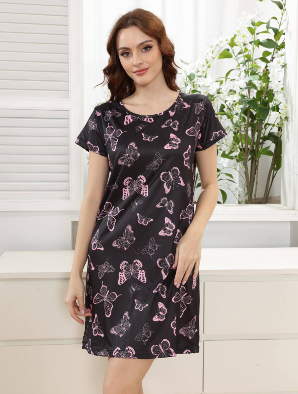 Ženska pidžama noćna haljina s tiskom srca i valovitog uzorka, poliester, tiskani stil, okrugli izrez, 3/4 rukavi, srednje duljine suknja, udobna kućna odjeća