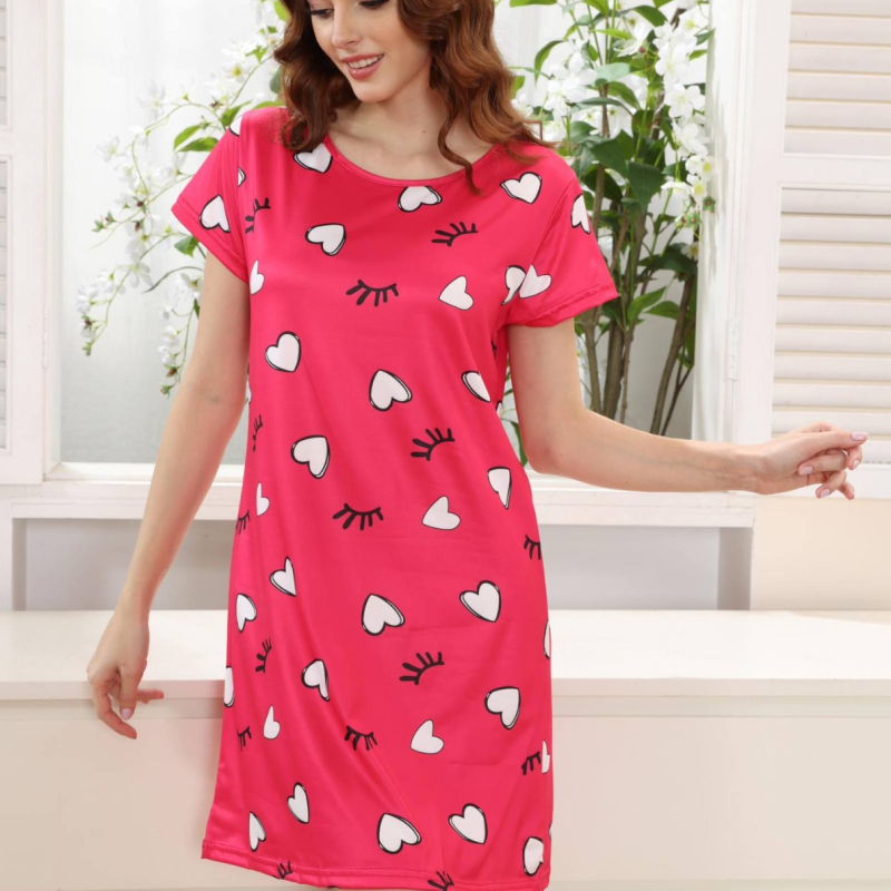 Ženska pidžama noćna haljina s tiskom srca i valovitog uzorka, poliester, tiskani stil, okrugli izrez, 3/4 rukavi, srednje duljine suknja, udobna kućna odjeća