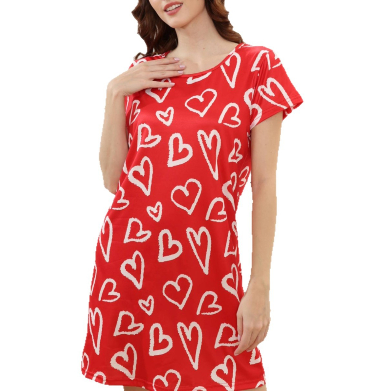 Ženska pidžama noćna haljina s tiskom srca i valovitog uzorka, poliester, tiskani stil, okrugli izrez, 3/4 rukavi, srednje duljine suknja, udobna kućna odjeća