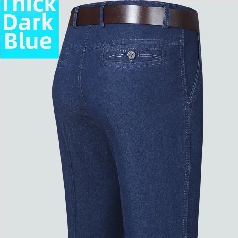 Rudens džinsi vecākiem vīriešiem, brīvs taisnais piegriezums, augsta josta, fleece odere, elastīgs materiāls