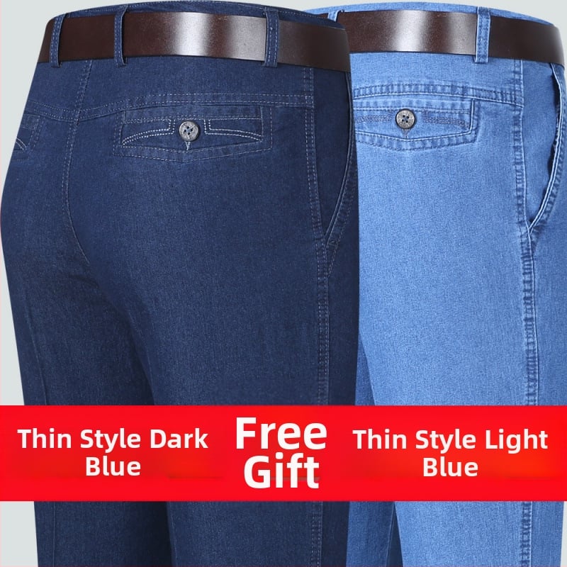 Rudens džinsi vecākiem vīriešiem, brīvs taisnais piegriezums, augsta josta, fleece odere, elastīgs materiāls