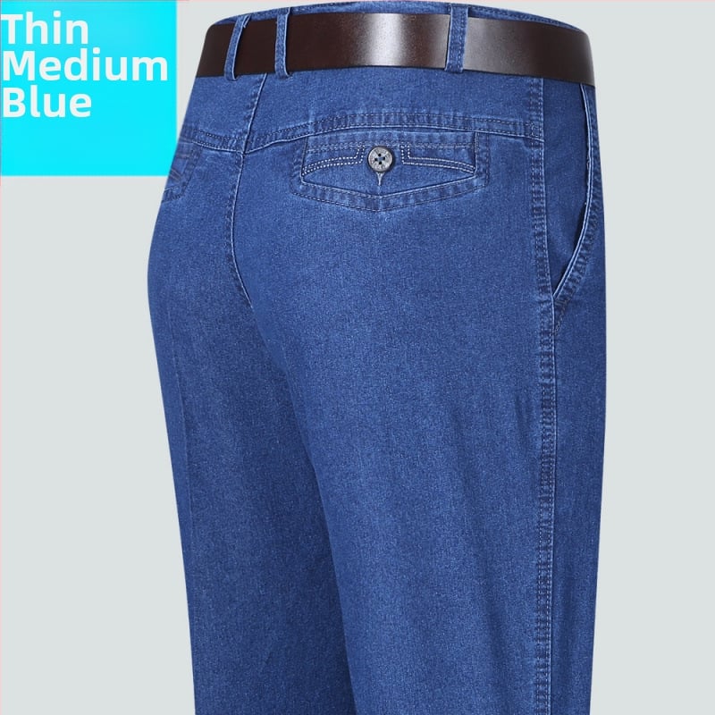 Rudens džinsi vecākiem vīriešiem, brīvs taisnais piegriezums, augsta josta, fleece odere, elastīgs materiāls