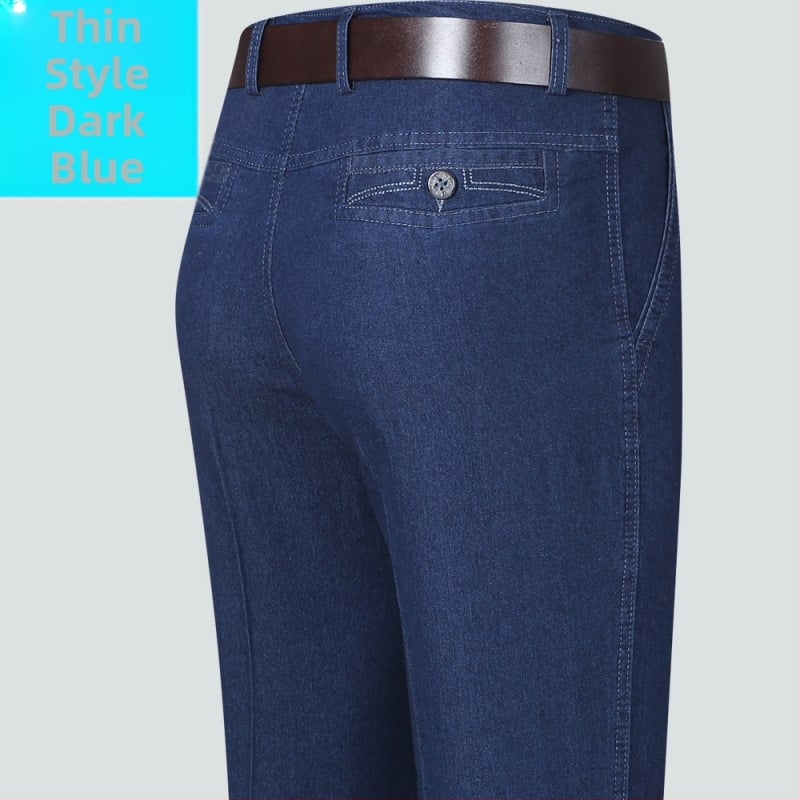 Rudens džinsi vecākiem vīriešiem, brīvs taisnais piegriezums, augsta josta, fleece odere, elastīgs materiāls