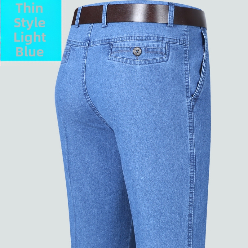 Rudens džinsi vecākiem vīriešiem, brīvs taisnais piegriezums, augsta josta, fleece odere, elastīgs materiāls