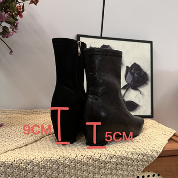 Moteriški Chelsea bateliai su kvadratine nosimi, stori žemi kulnai, viršelis iš odos skaldų patchwork, vidinis aukščio padidinimas