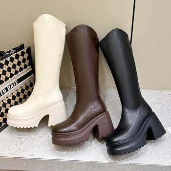 Moterų žirginių batų iki kelio, viršutinė medžiaga: Super Fiber, apvalus pirštas, tvirtas kulnas virš 8 cm, užtrauktukas nugaroje