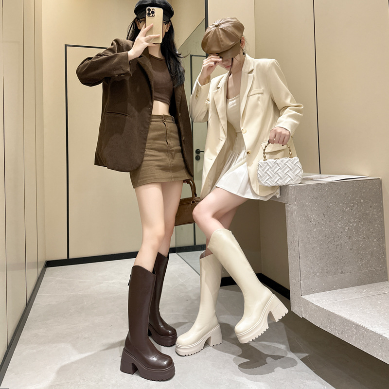 Moterų žirginių batų iki kelio, viršutinė medžiaga: Super Fiber, apvalus pirštas, tvirtas kulnas virš 8 cm, užtrauktukas nugaroje