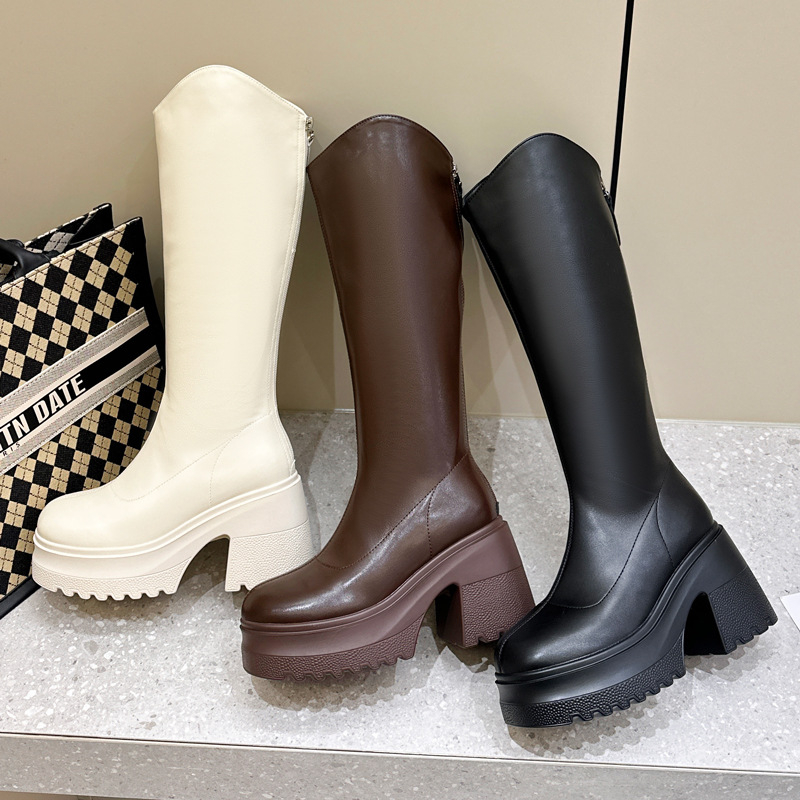 Moterų žirginių batų iki kelio, viršutinė medžiaga: Super Fiber, apvalus pirštas, tvirtas kulnas virš 8 cm, užtrauktukas nugaroje