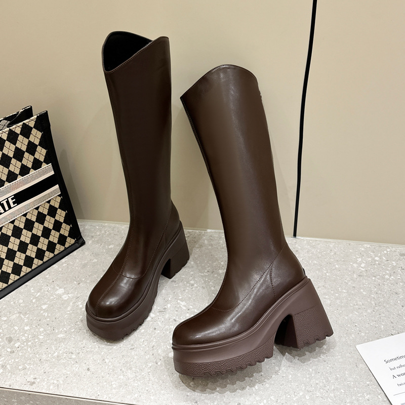 Moterų žirginių batų iki kelio, viršutinė medžiaga: Super Fiber, apvalus pirštas, tvirtas kulnas virš 8 cm, užtrauktukas nugaroje