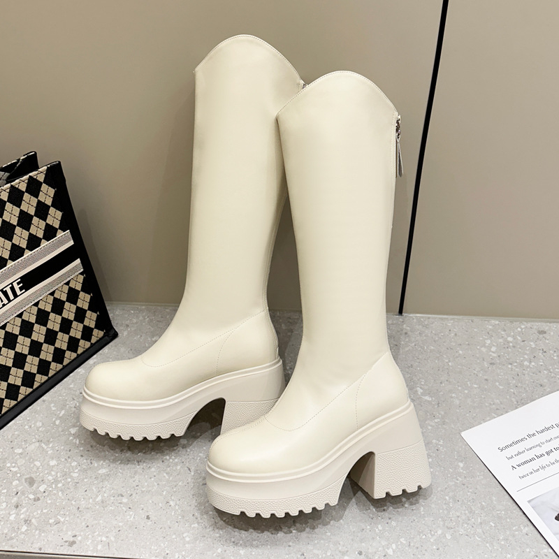 Moterų žirginių batų iki kelio, viršutinė medžiaga: Super Fiber, apvalus pirštas, tvirtas kulnas virš 8 cm, užtrauktukas nugaroje