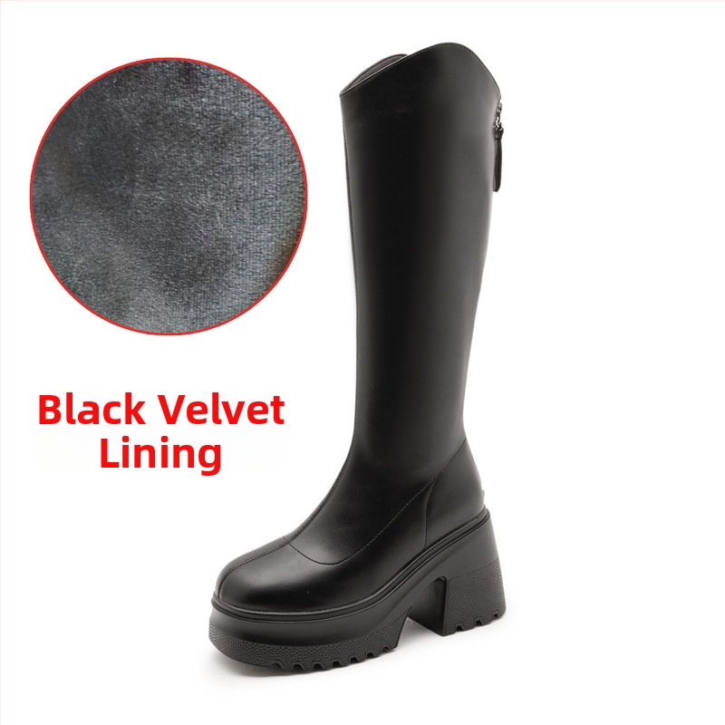 Moterų žirginių batų iki kelio, viršutinė medžiaga: Super Fiber, apvalus pirštas, tvirtas kulnas virš 8 cm, užtrauktukas nugaroje